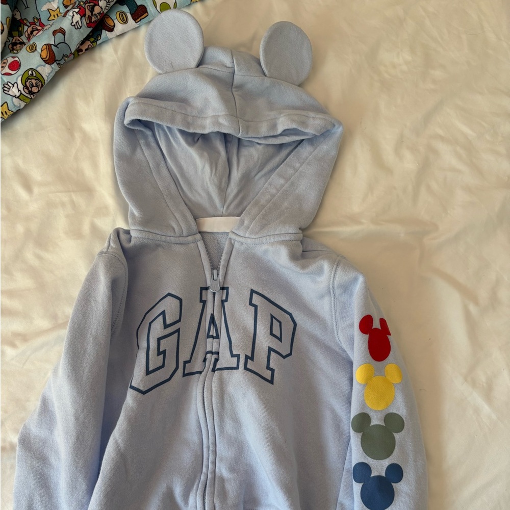 GAP Pastel Blue Hoodie with Mouse Ears and Colorful Accents